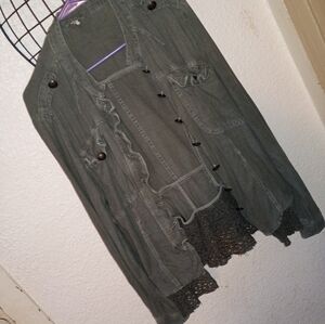 Free People Light Weight Coat Jacket Distressed Army Green L 10